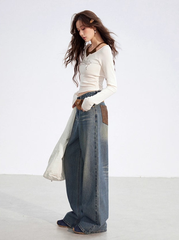 Leather-Patch Wide-Leg Cotton Jeans - CHINASQUAD