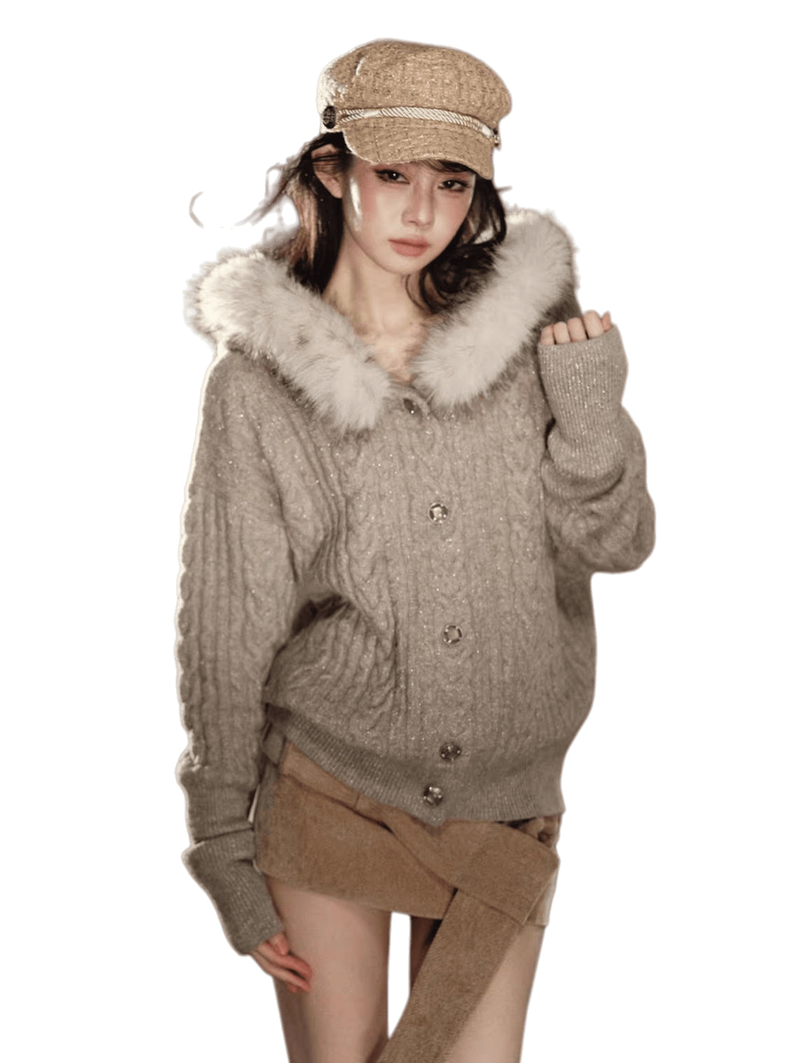 Shimmer Cable-Knit Hooded Cardigan