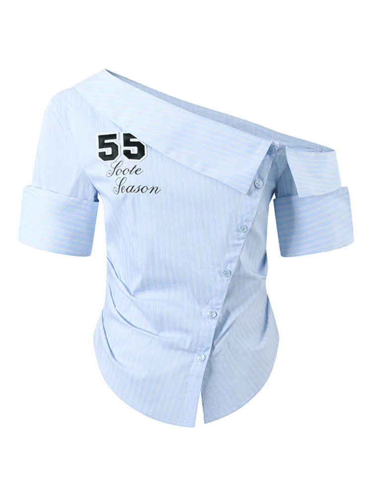 Pure-desire Asymmetric-shoulder Waist-cinching Blouse - CHINASQUAD