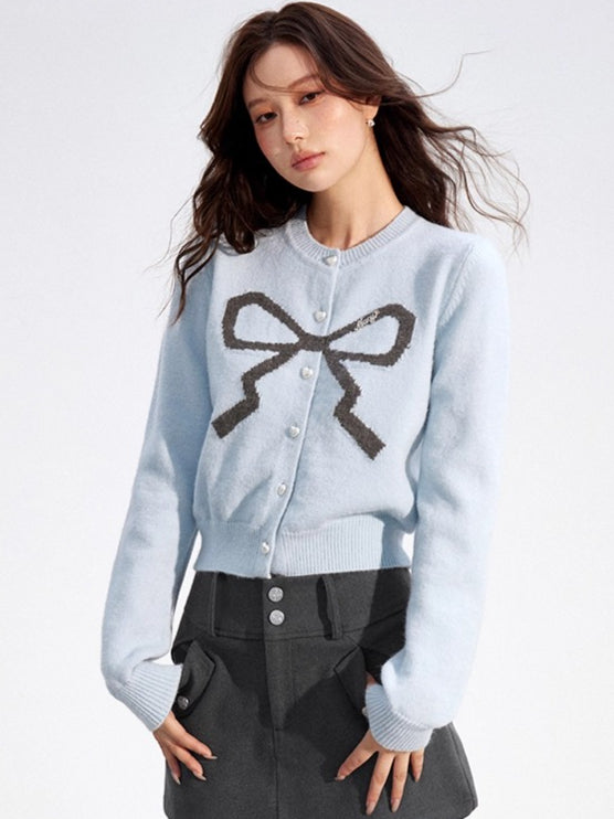 Bow Detail Cropped Knit Cardigan