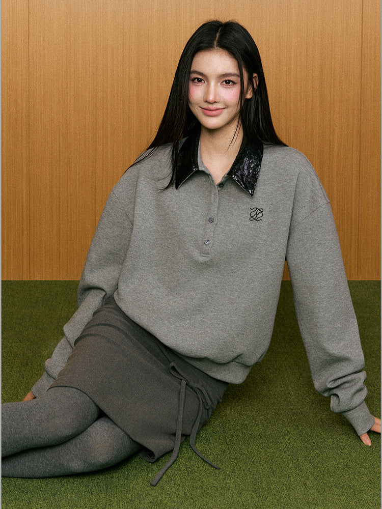 Sequin Collar Polo Sweatshirt - CHINASQUAD