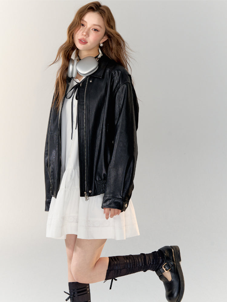 White Bowknot Tied Pleated Shirt Dress - CHINASQUAD