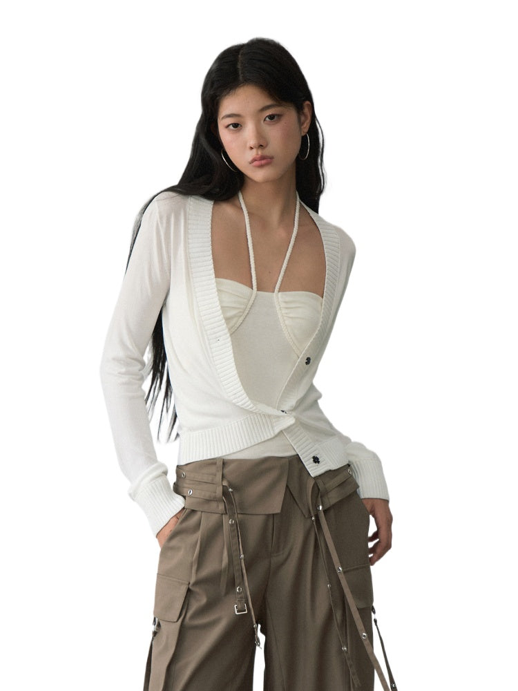 White Single-breasted Knitted Cardigan - CHINASQUAD