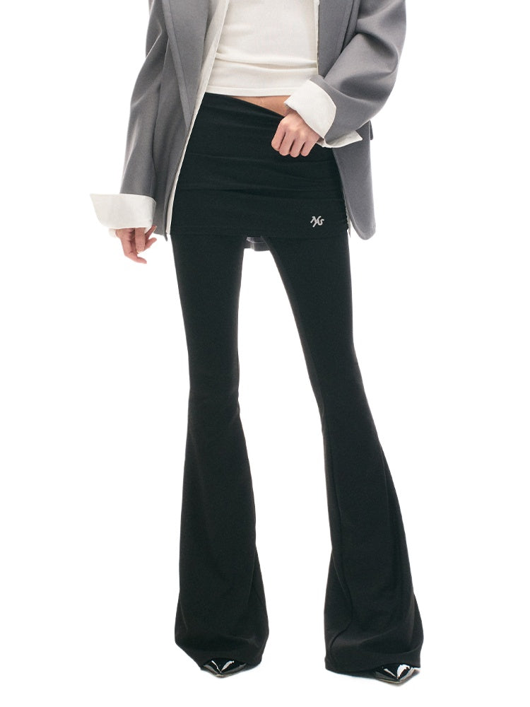 Faux Two-piece Mid-waist Pleated Flared Pants - CHINASQUAD