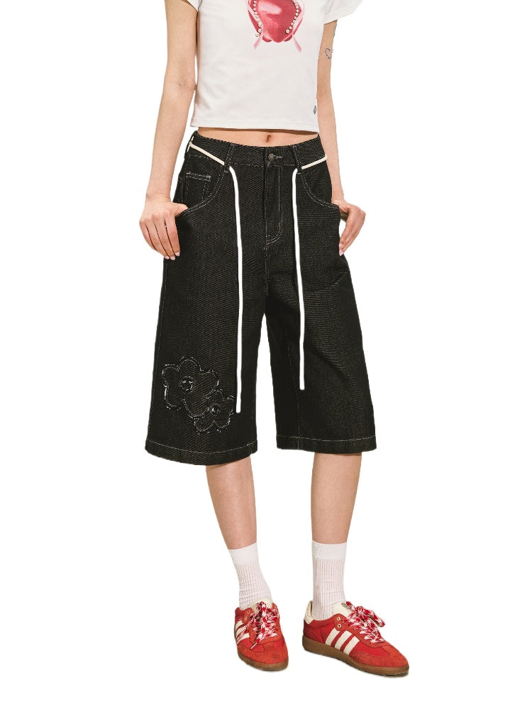 Original Color Raw-edge Floral Denim Shorts - CHINASQUAD