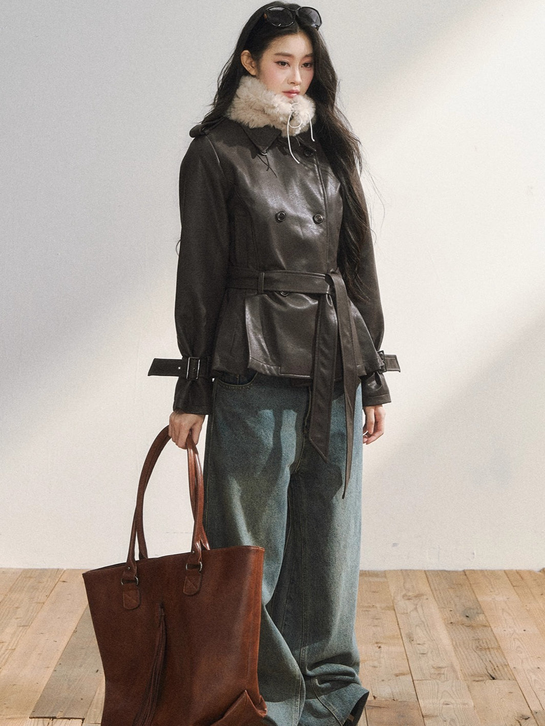 Vintage Brown Belted Faux Leather Wool Jacket