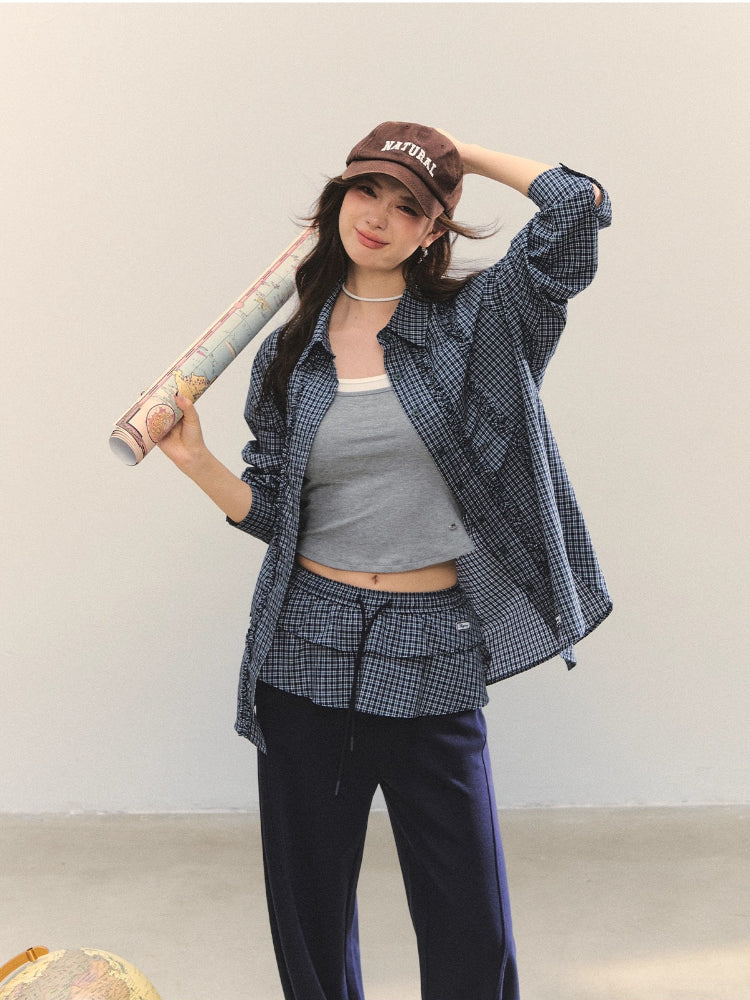 Plaid Ruffle Pleated Loose Long-Sleeve Shirt
