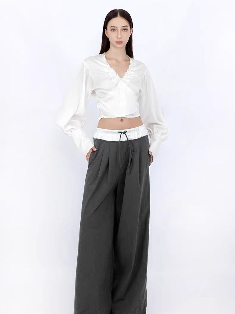 Convertible Ruched V-Neck Acetate Blouse