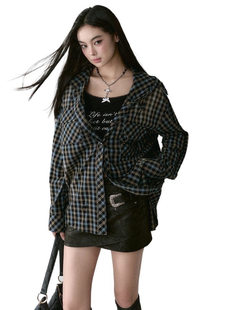 Washed Vintage Plaid Hooded Shirt - CHINASQUAD