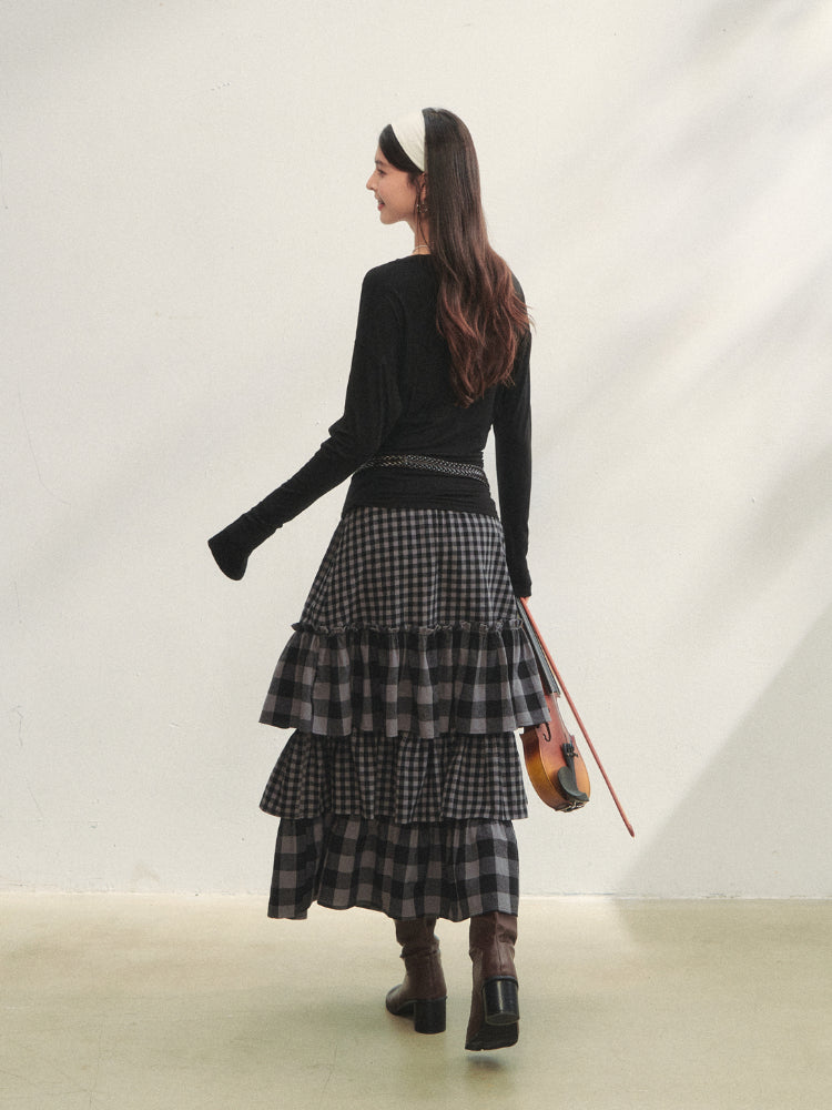 Plaid Patchwork Lace Waist Layered Cake Skirt - CHINASQUAD