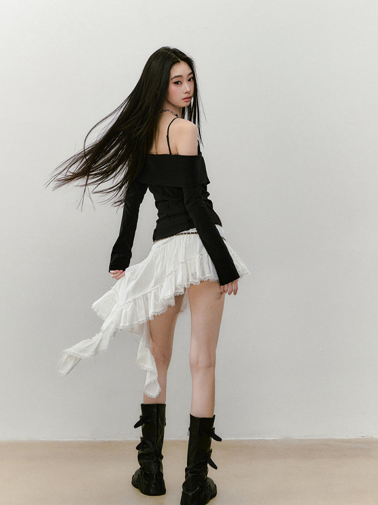 Irregular Hem Ribbon Lace Midi Skirt - CHINASQUAD
