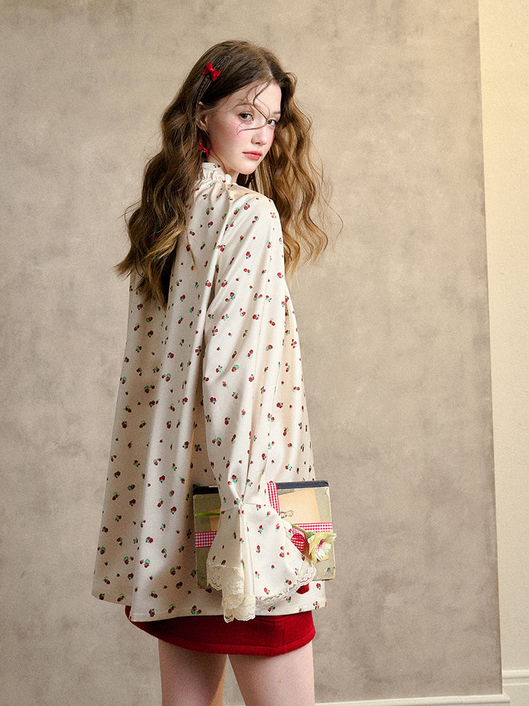 Berry Lace Print Shirt Dress - CHINASQUAD