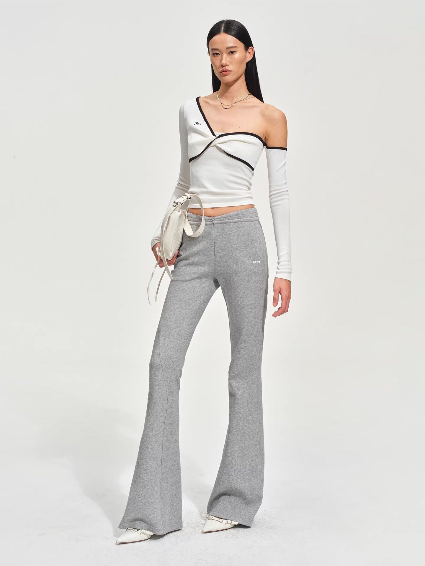 Sculpted Twist Asymmetric Off-Shoulder Knit Crewneck