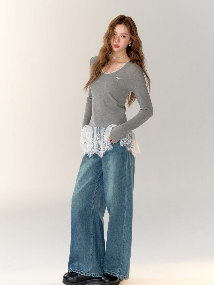 Lace-Trimmed Gray V-Neck Long Sleeve Top - CHINASQUAD