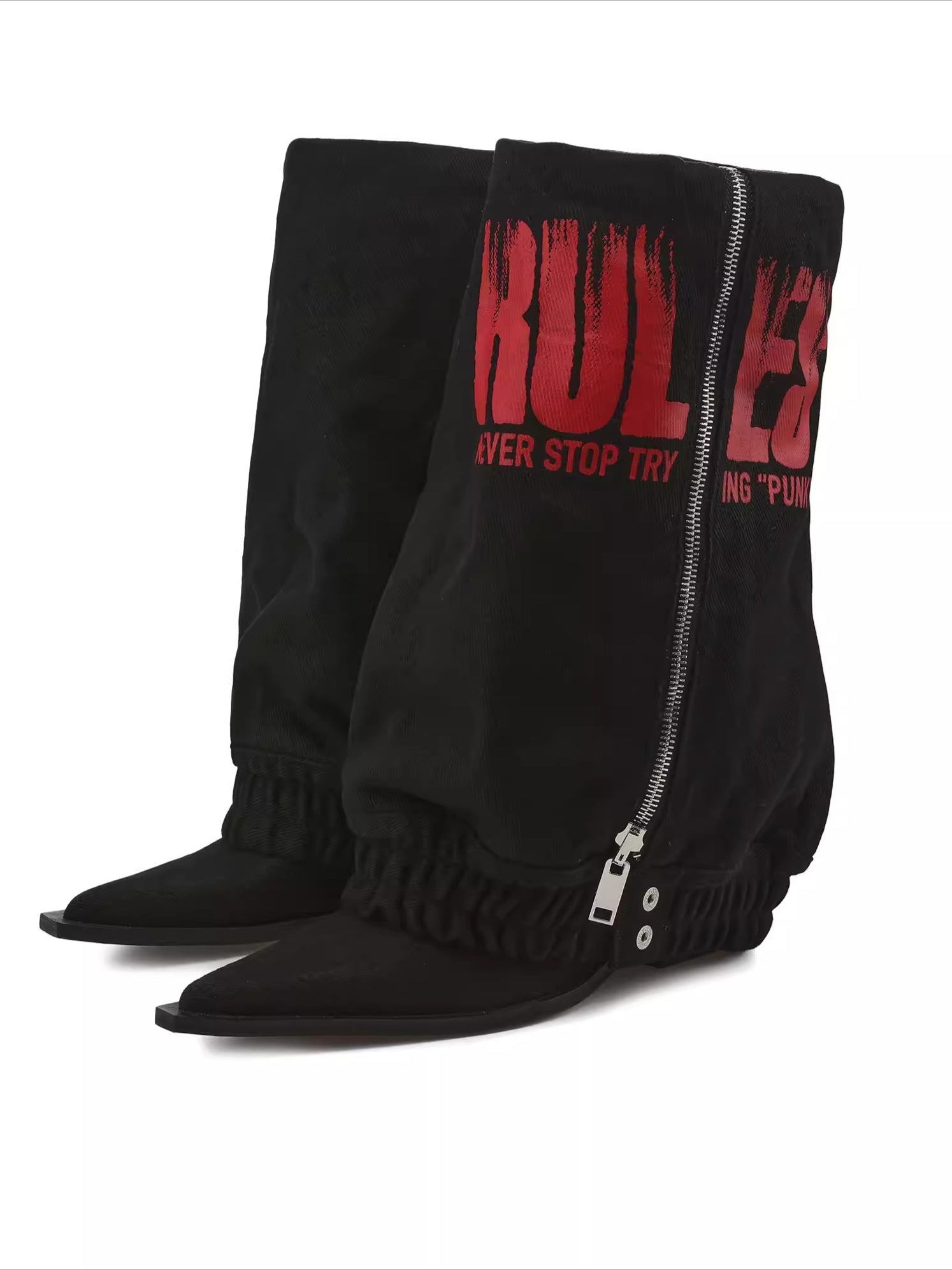 Slimming Slouchy Printed Denim Heeled Boots