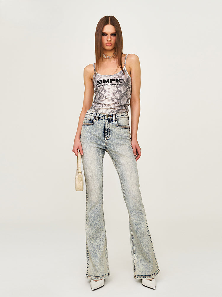 Retro Washed Elastic Flared Mid-Waist Long Pants