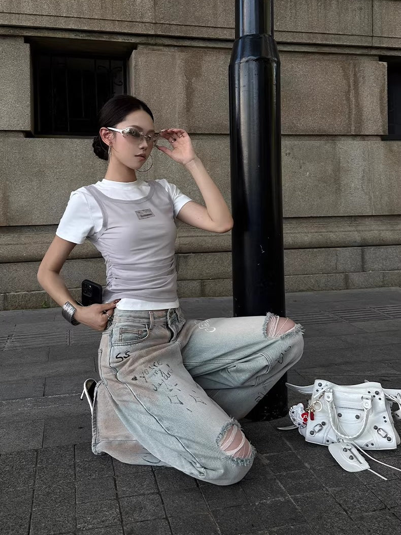 Graffiti Spray-Wash Wide-Leg Denim Jeans