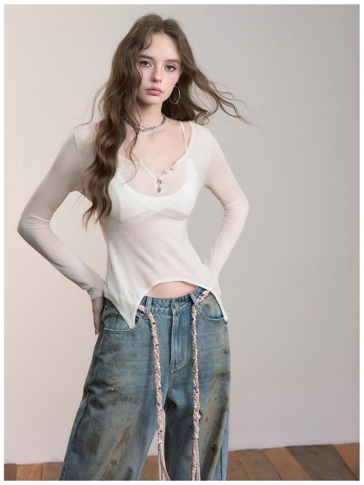 Irregular Knit Waist-Cinched Long-Sleeve Tee