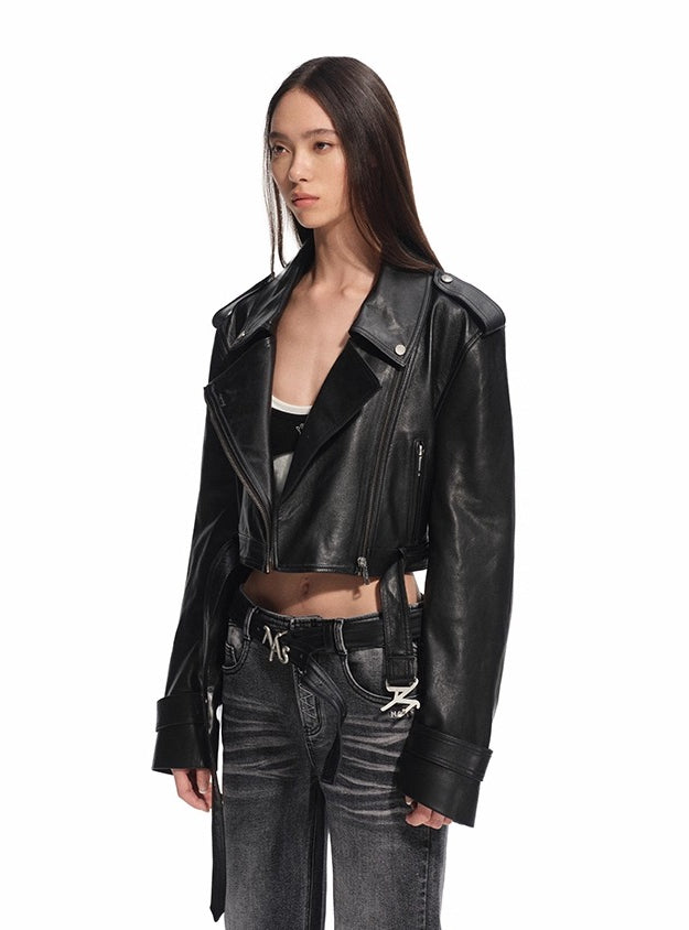 "Djembe Series" 100% Water-stained Lambskin Cropped Jacket - CHINASQUAD
