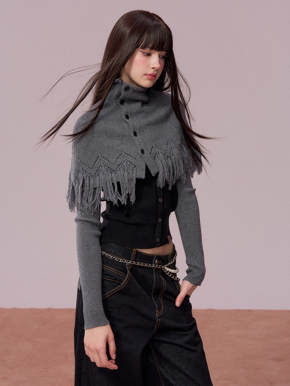 High-Neck Knit Top Fringe Cape Set