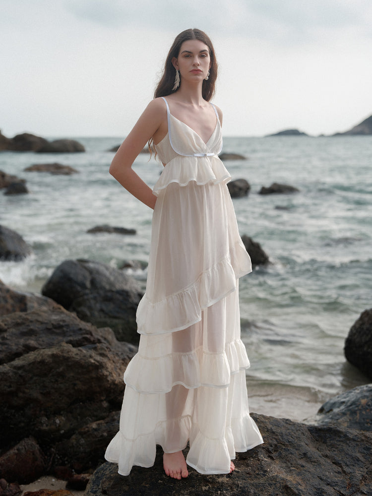 Ruffled Spaghetti Strap Backless Dress - CHINASQUAD