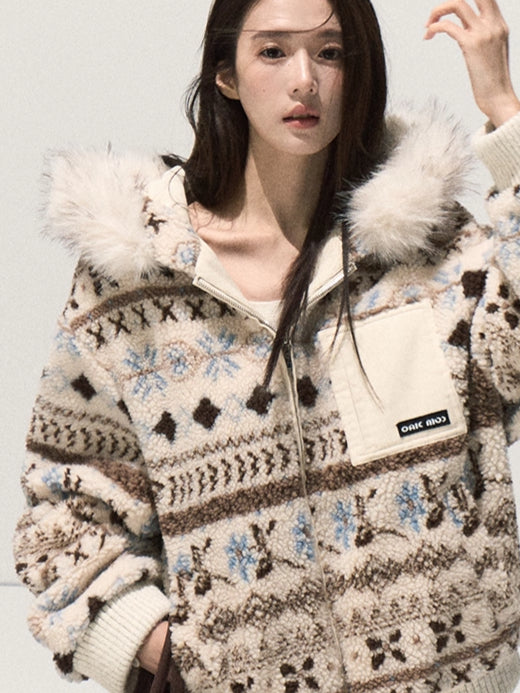 Jacquard Shearling Hooded Short Jacket