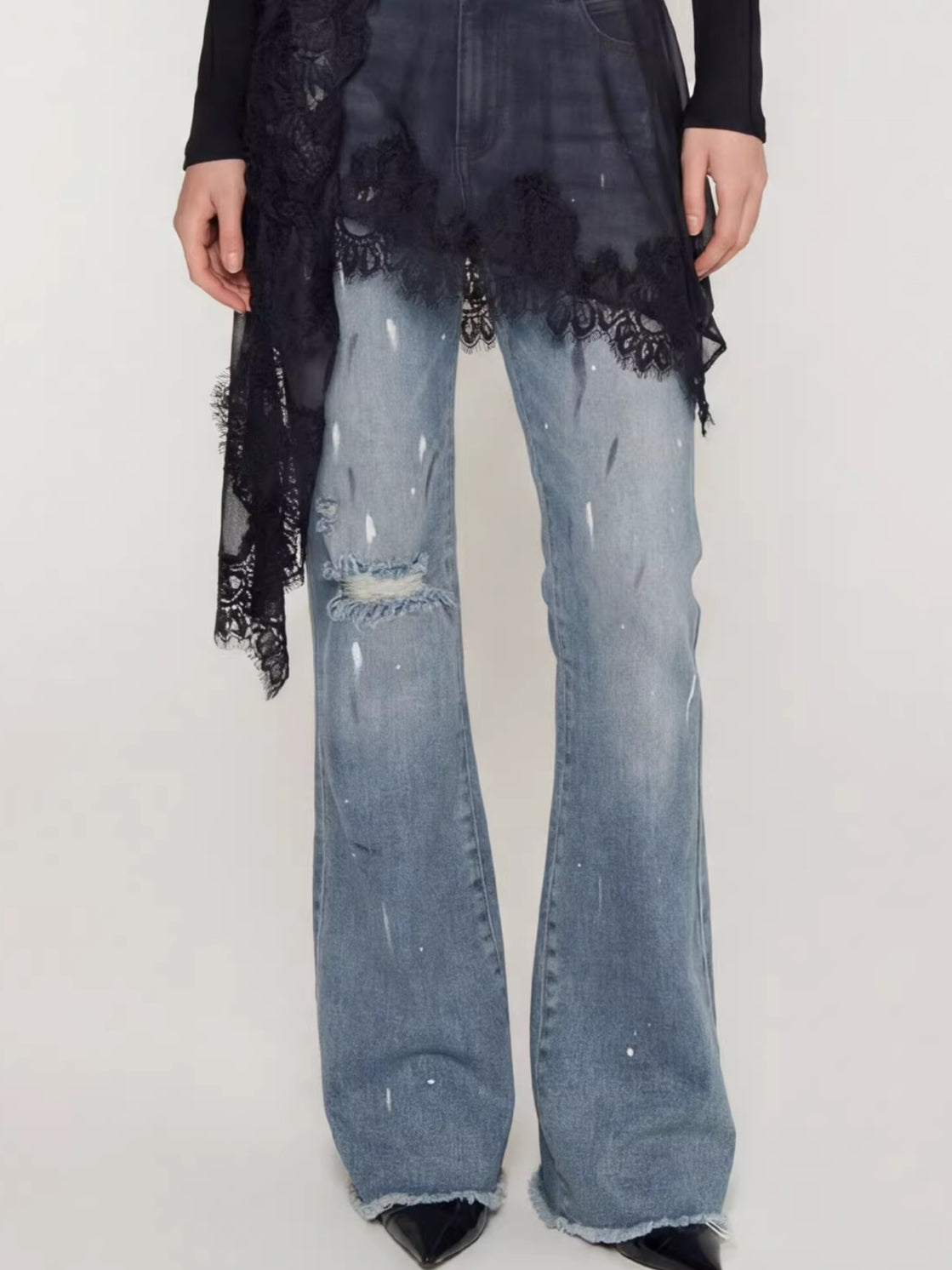 Paint-Splatter Flared Denim Pants