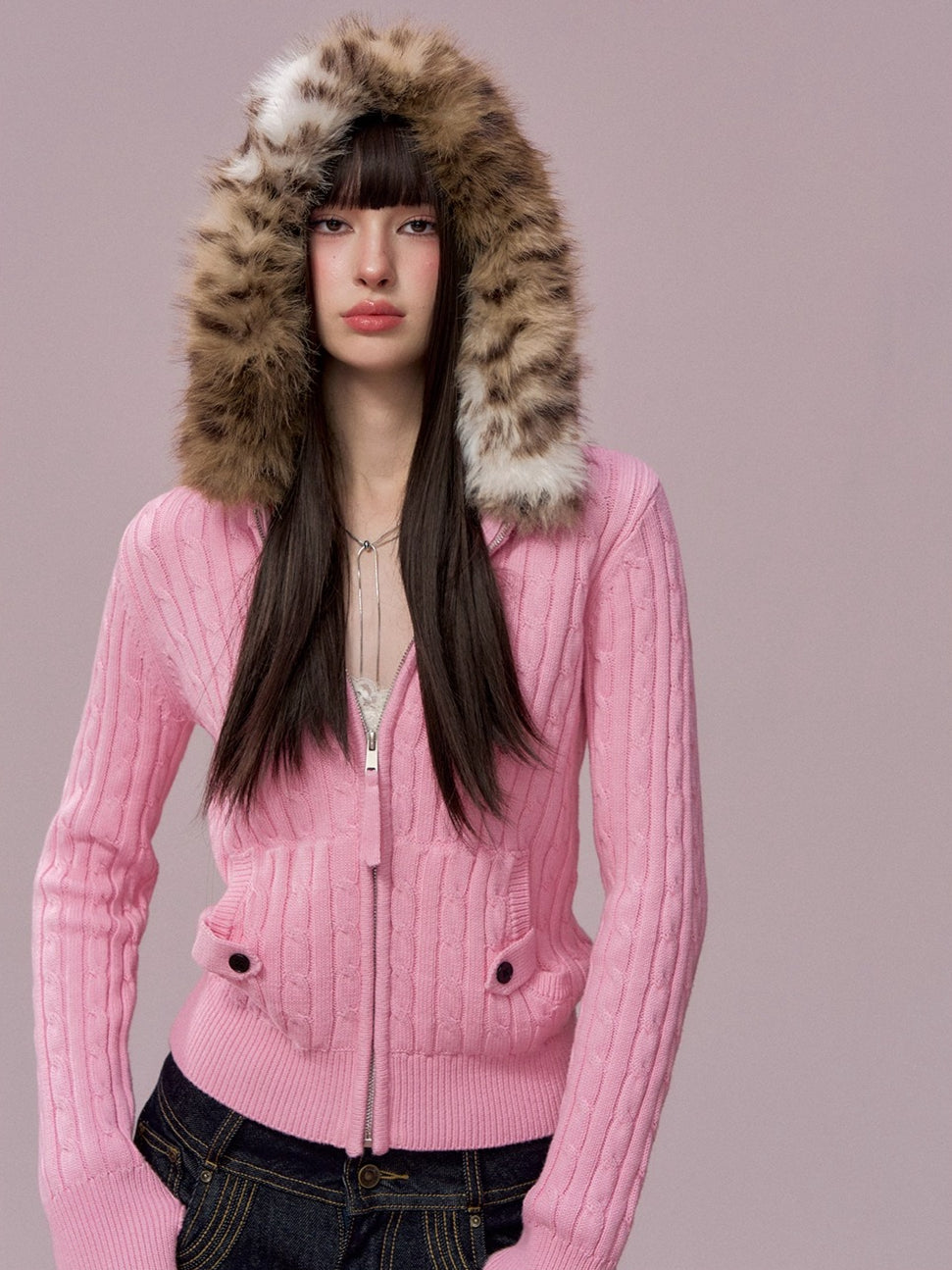 Faux-Fur Collar Cable-Knit Cardigan