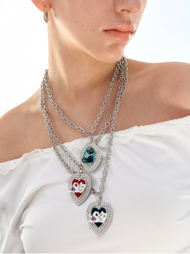 Cat Heart Enamel Pendant Necklace - CHINASQUAD