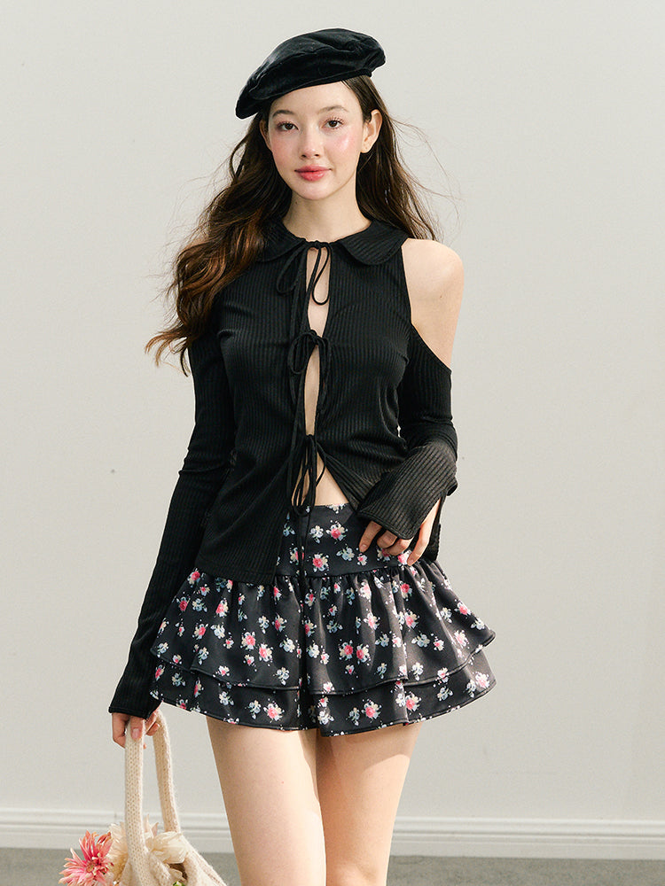 Black & White Off-Shoulder Tie-Back Knit Cardigan - CHINASQUAD