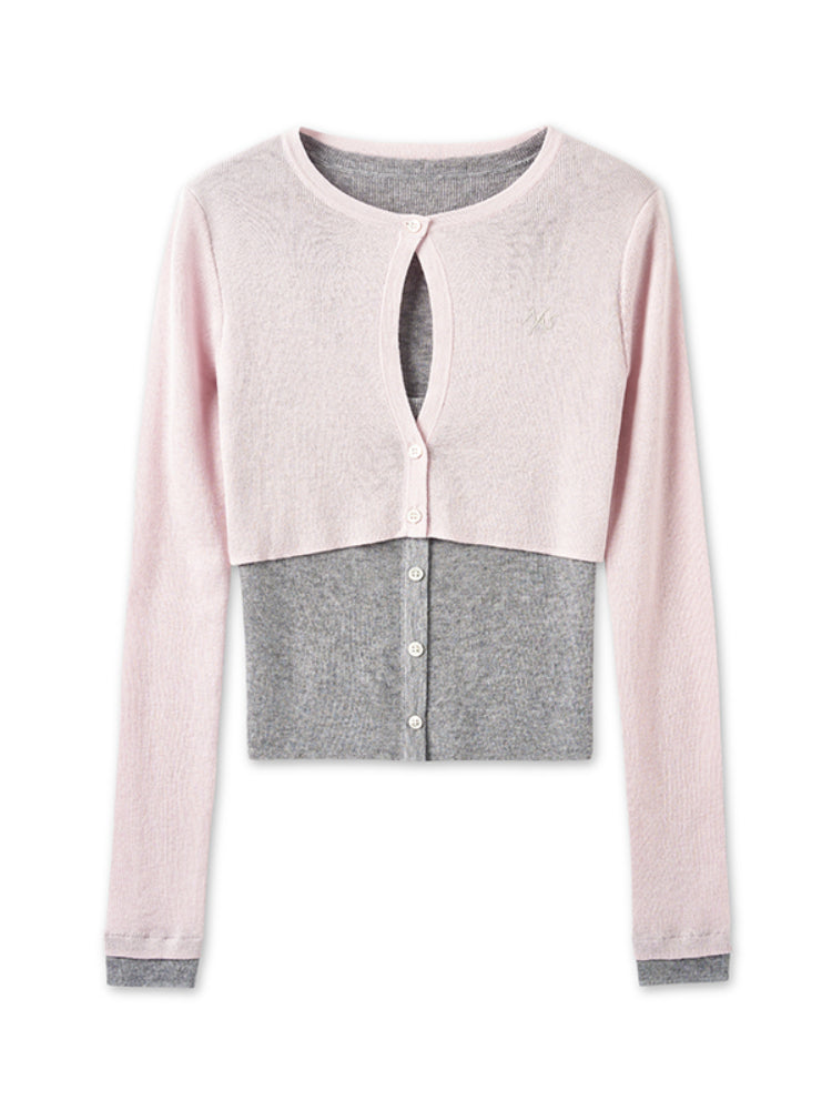 Fake Two-piece Layered Contrast-color Cardigan - CHINASQUAD