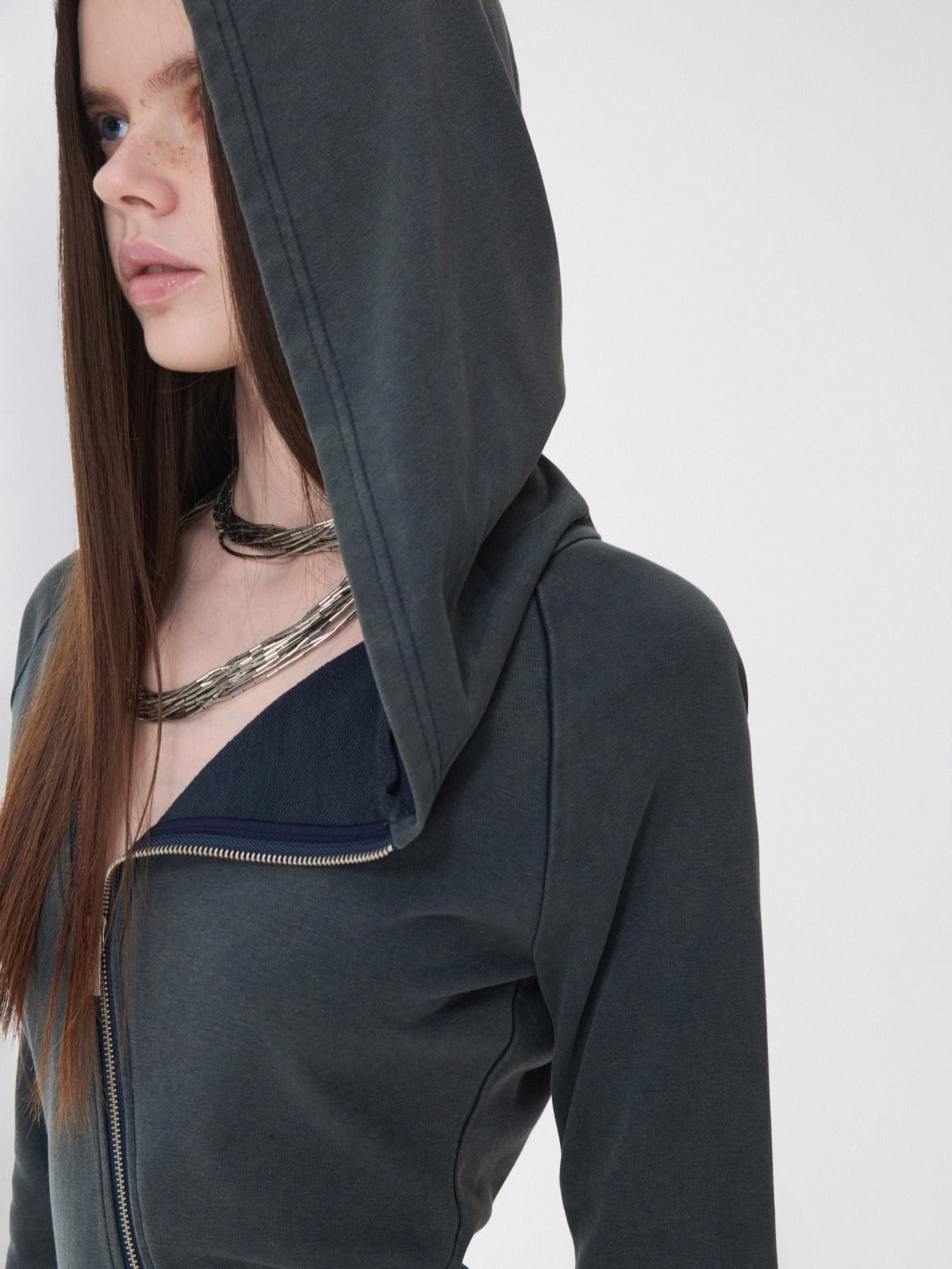 Washed Rhinestone Studded Deconstructed Hoodie Dress - CHINASQUAD