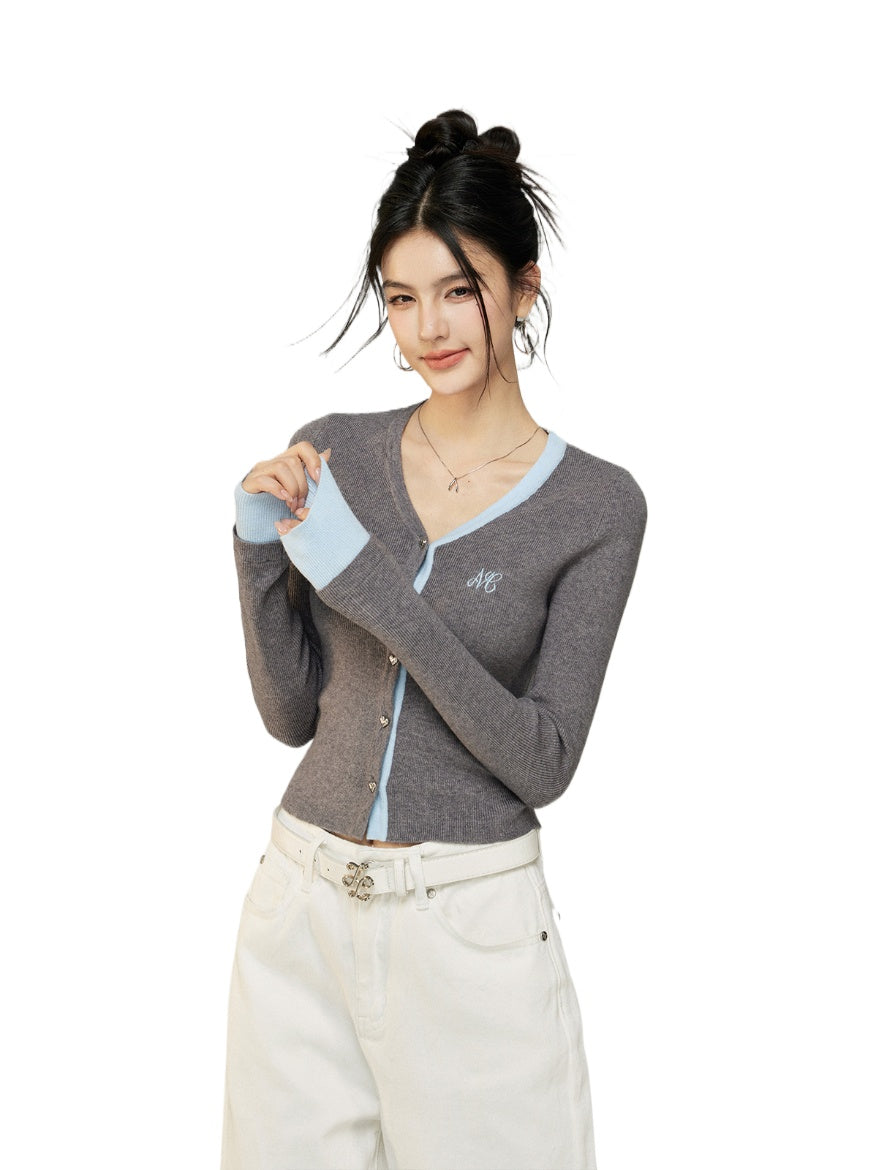 Contrast V-Neck Knit Cardigan - CHINASQUAD