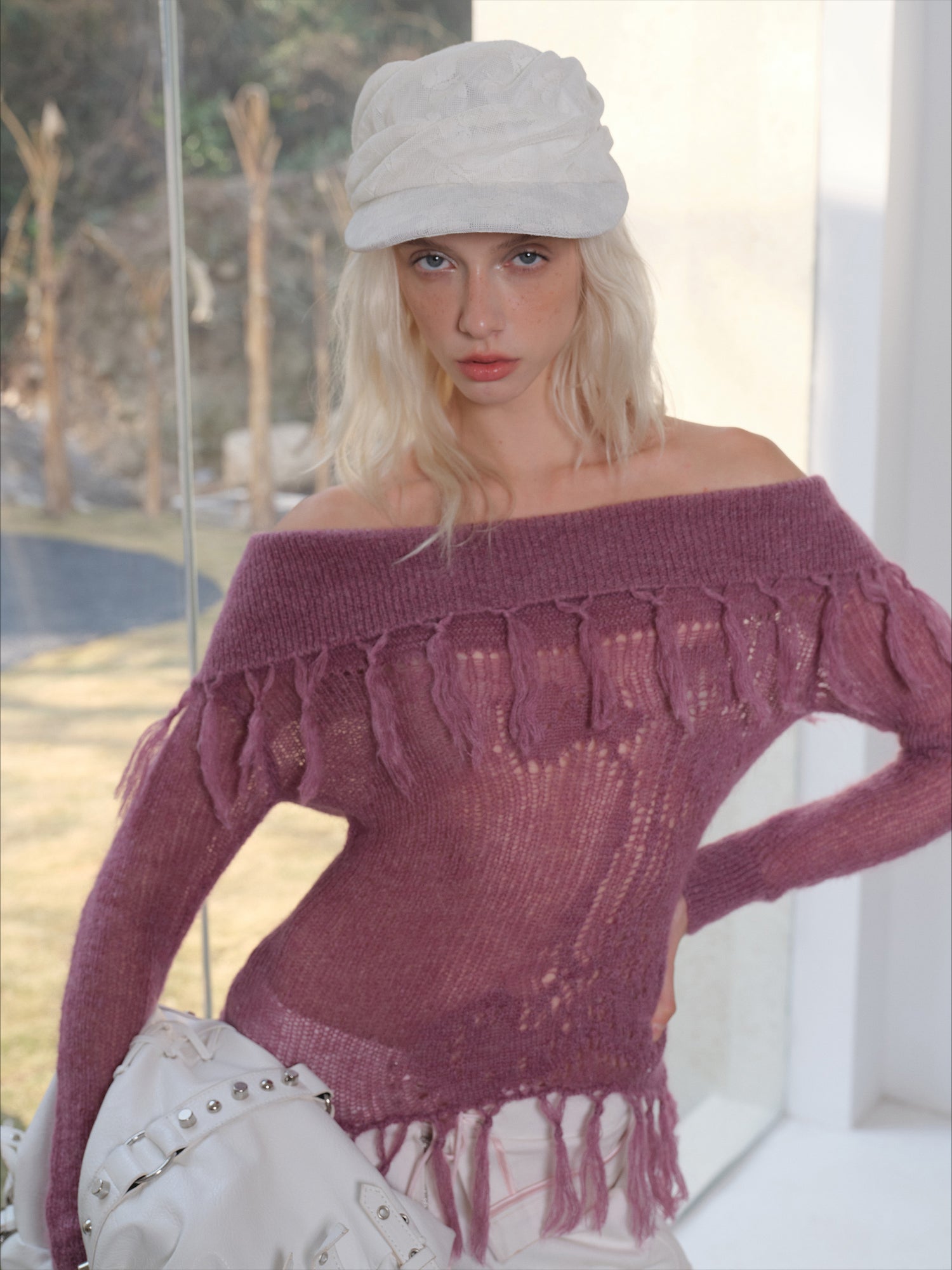 Off-Shoulder Mohair Fringe Top - CHINASQUAD