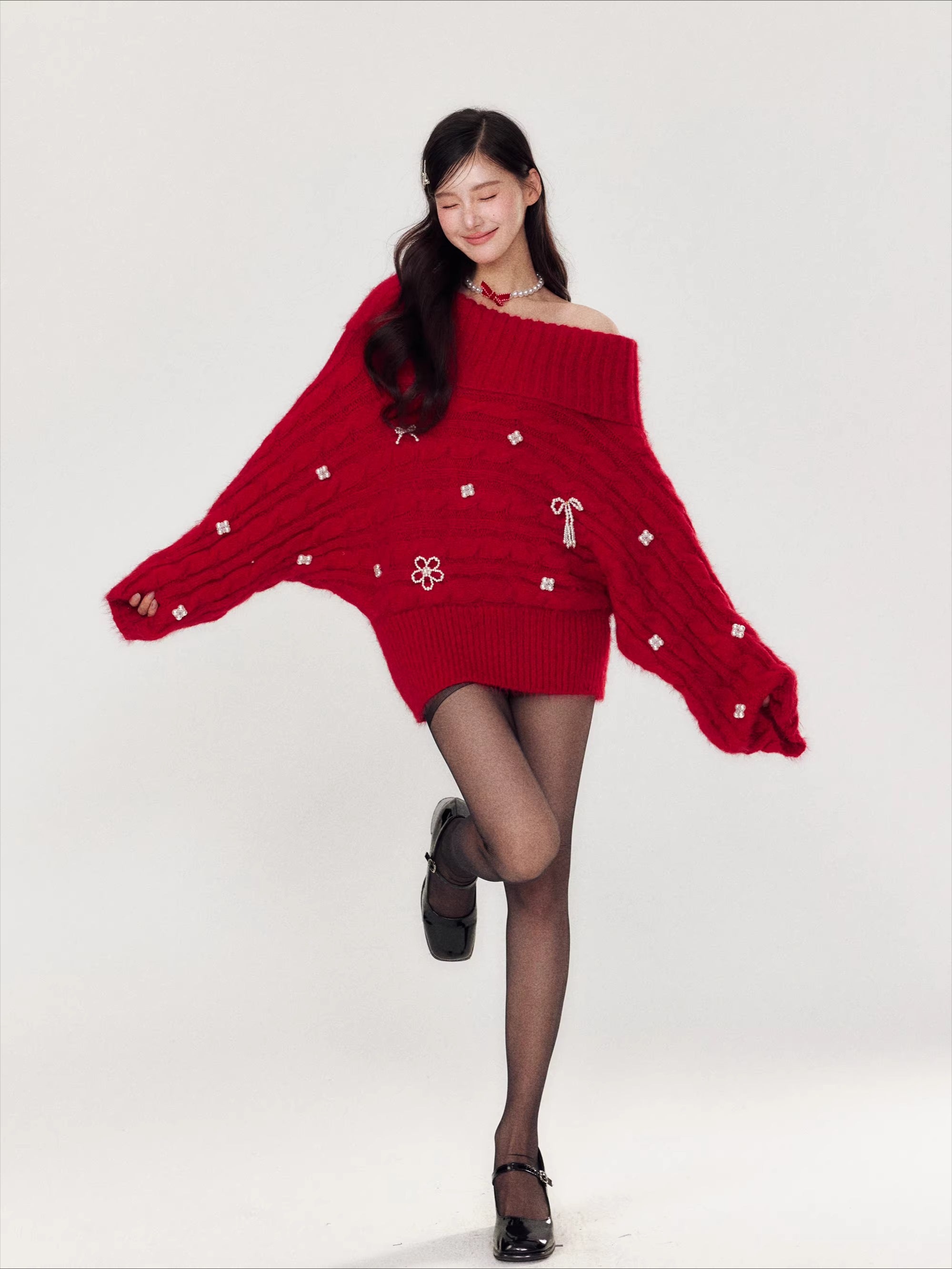 Hand-Embellished Beaded Off-Shoulder Knit Sweater