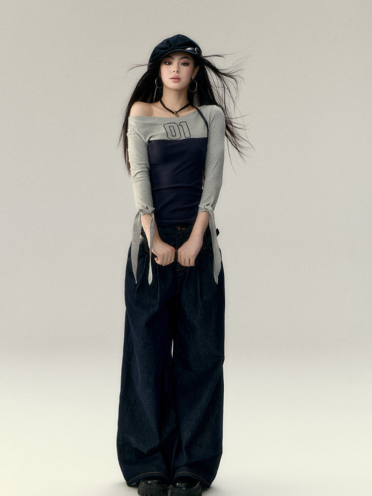 Color Block Waist Tie 3/4 Sleeve T-shirt - CHINASQUAD