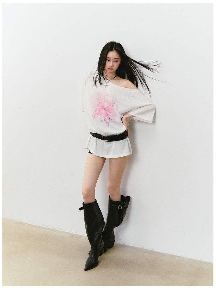 Rhinestone Printed Asymmetric Shoulder Short sleeve T-shirt - CHINASQUAD