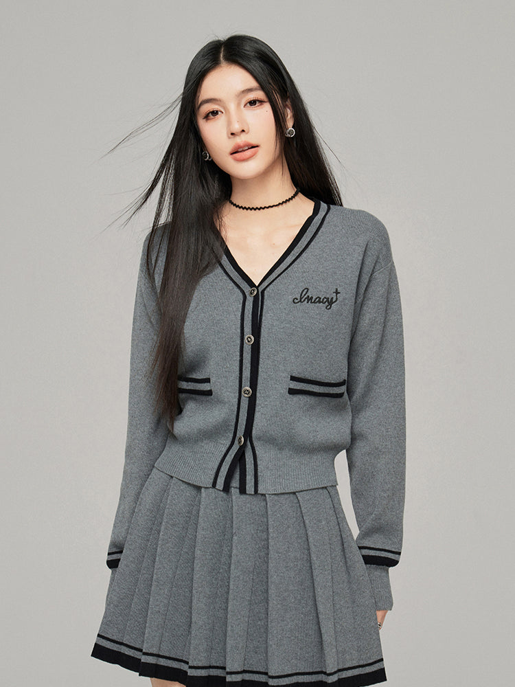 Contrast Color Knit V-neck Cardigan Set - CHINASQUAD