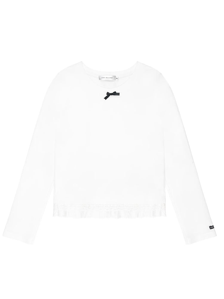 3D Bow Lace Trimmed Hem Long Sleeve T-shirt - CHINASQUAD