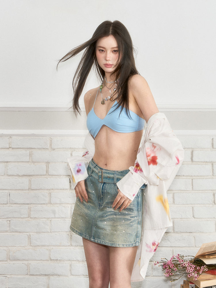 Belted Rhinestone Denim Skirt - CHINASQUAD