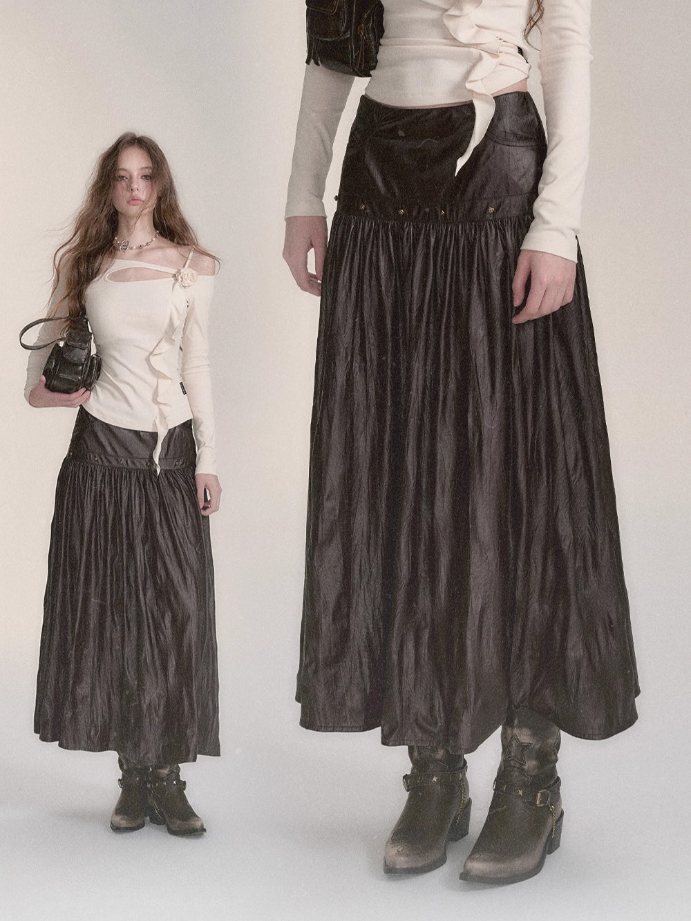 Dark Coffee PU Midi Skirt - CHINASQUAD