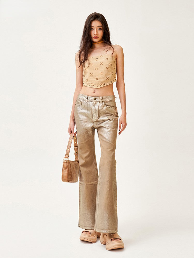 Ancient Myth Handcrafted Gold Wax Mid-rise Flared Jeans - CHINASQUAD