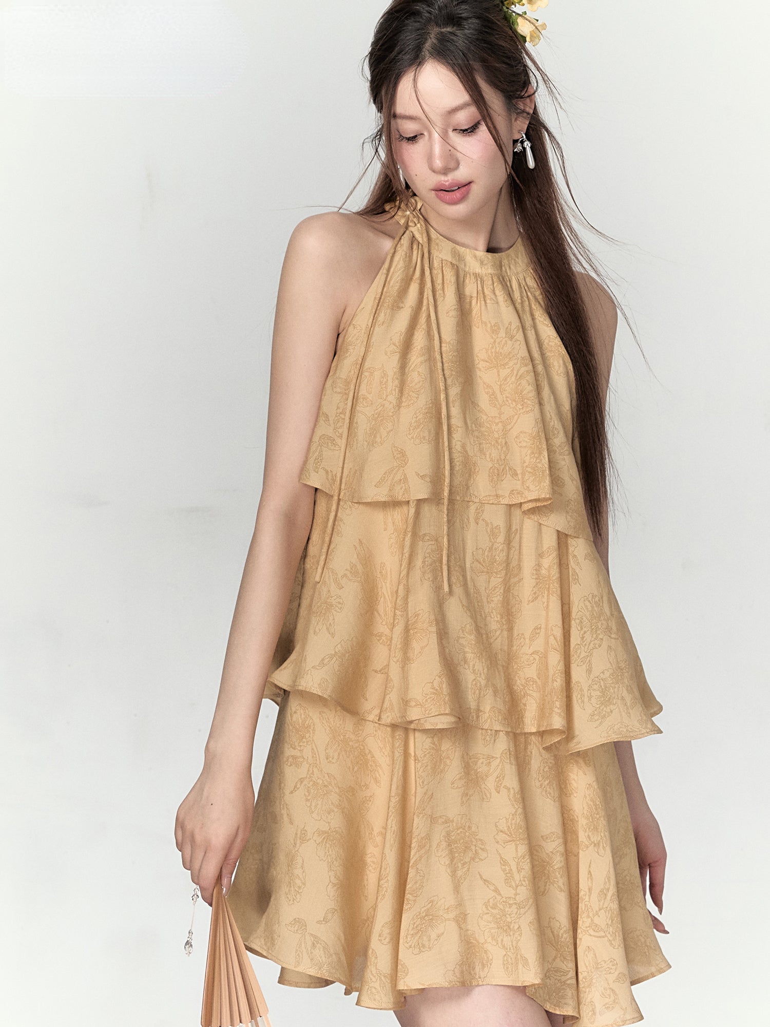 Mustard Yellow Halter Floral Dress - CHINASQUAD