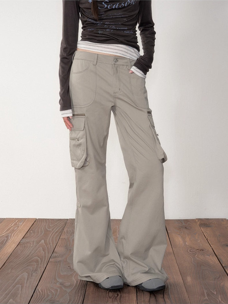 Gray-Green 3D Pockets Cargo Zipper Flare Pants