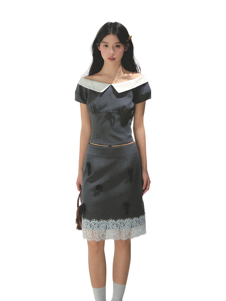 Dark Gray Princess Sleeve Top & skirt set - CHINASQUAD