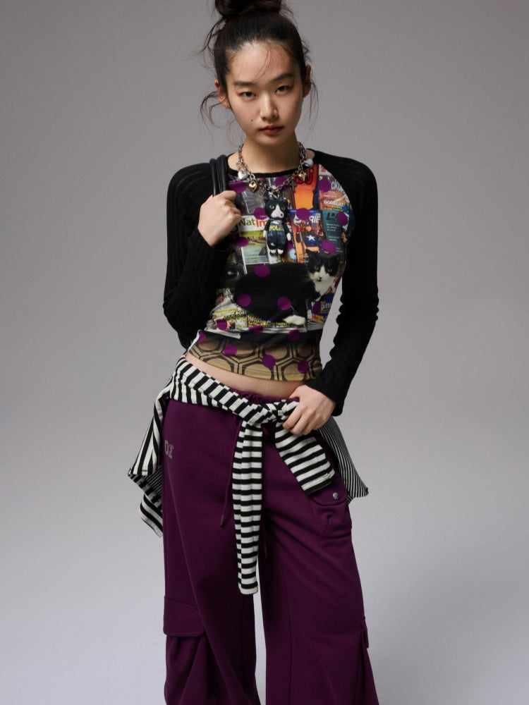 Cat Print Raglan Sleeve Color-Blocking T-Shirt