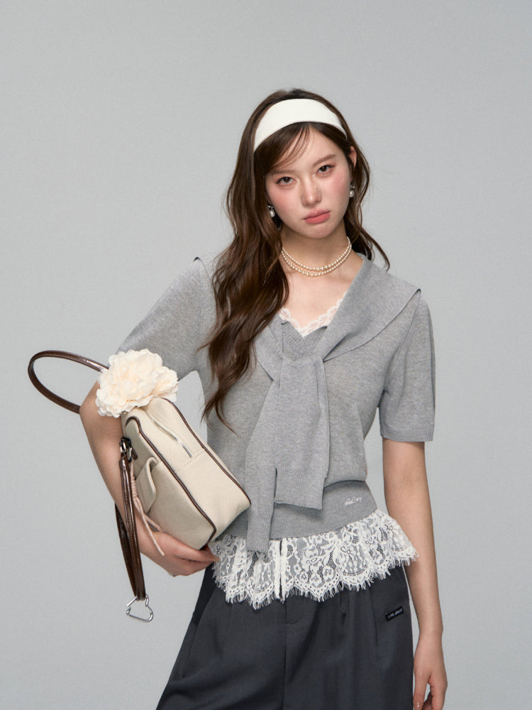 Lace Spliced V-Neck Knitted T-Shirt - CHINASQUAD
