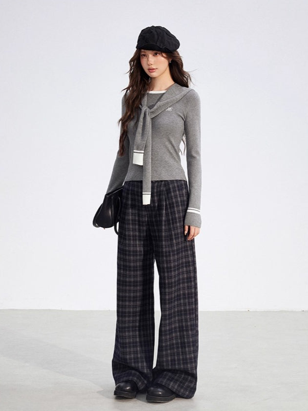 Plaid Fleece-Lined Wide-Leg Trousers