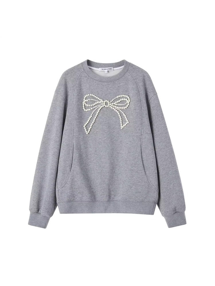 Gray & Navy Blue Butterfly Knot Beaded Pullover Sweatshirt - CHINASQUAD