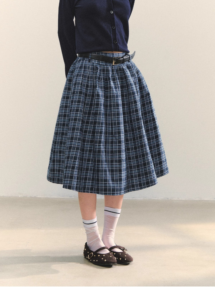 High-Waist Belted Plaid Umbrella Skirt